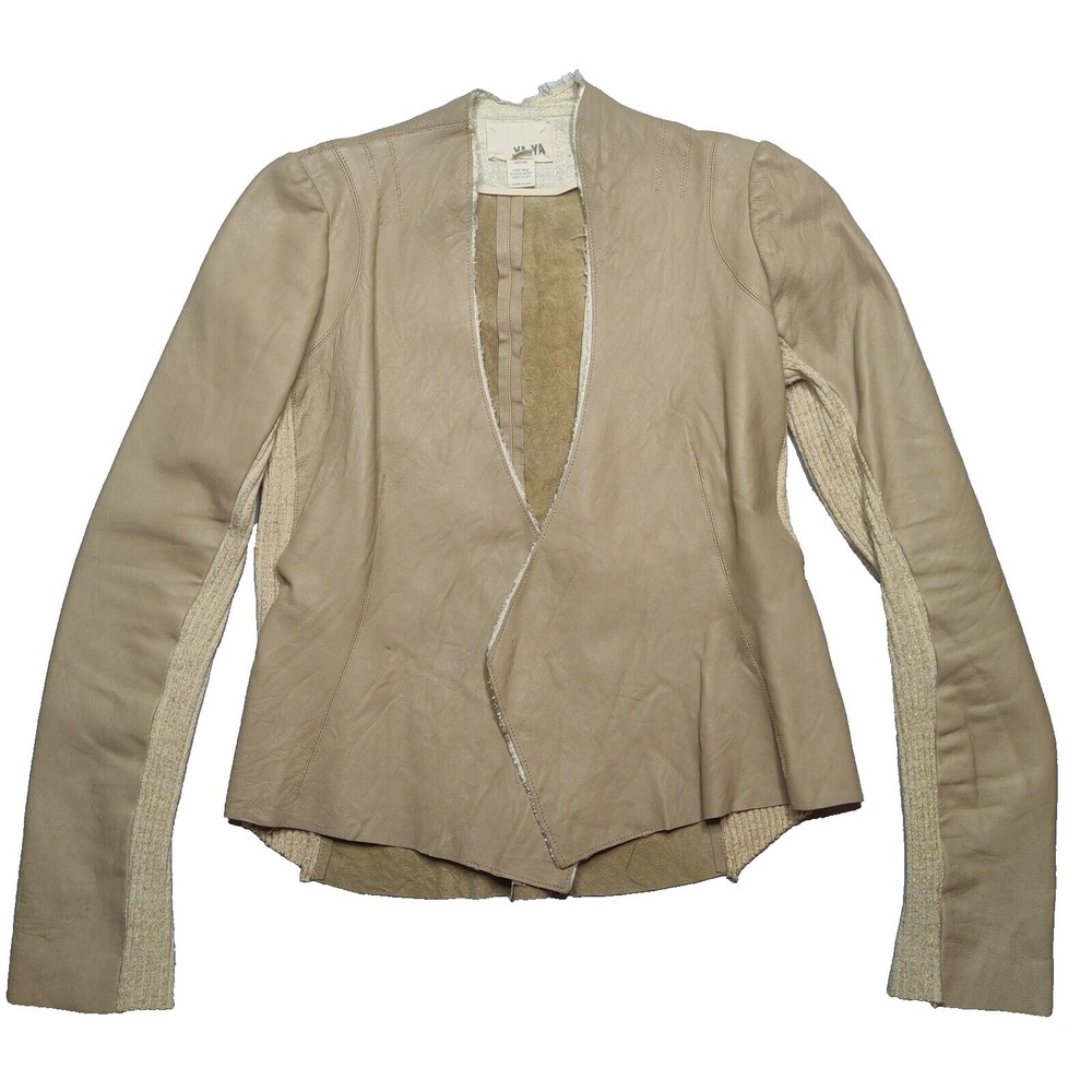YA-YA Leather Tan Brown Gold Thread Trim Women Medium Jacket